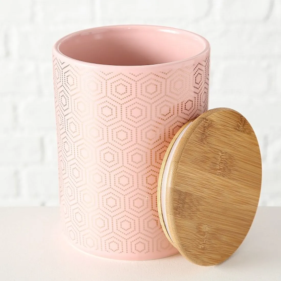 Keramické dózy s bambusovým víkem - růžové, set 2 ks