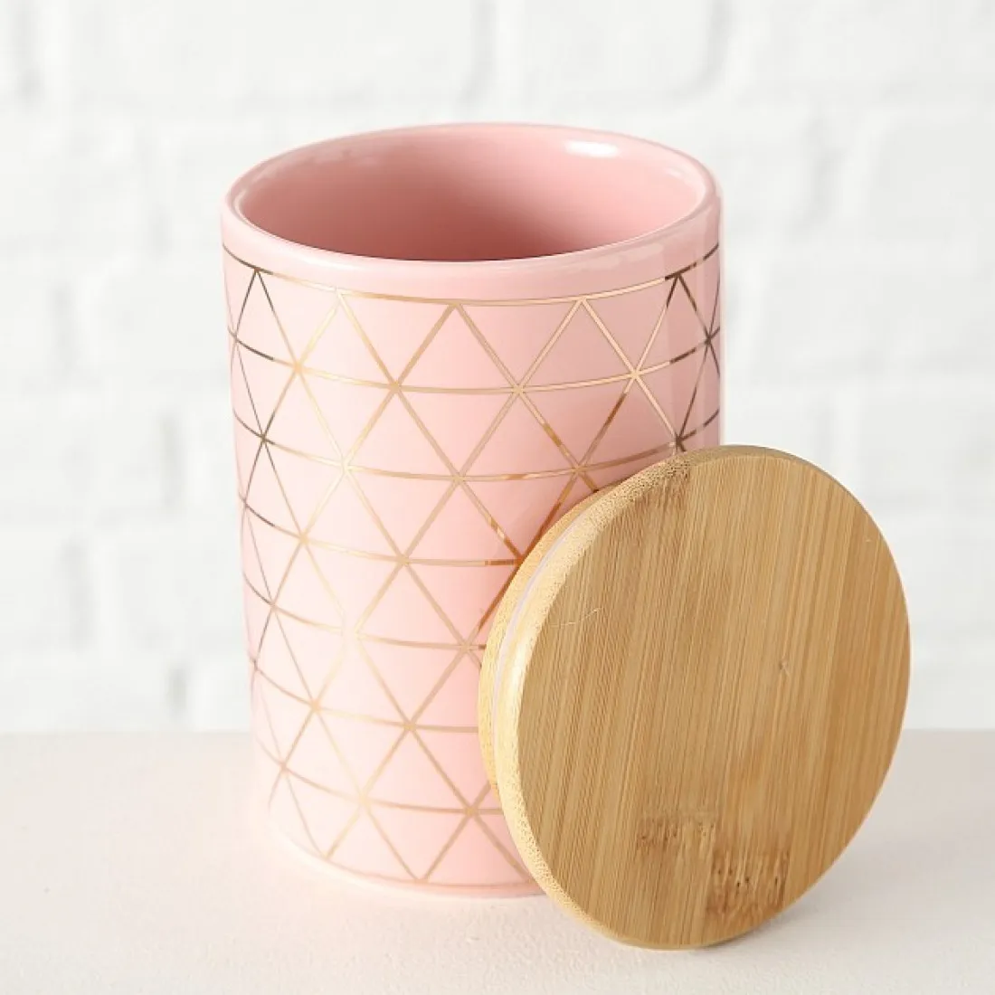 Keramické dózy s bambusovým víkem - růžové, set 2 ks