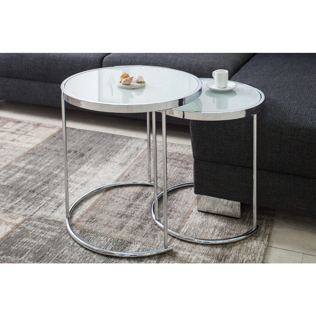 Konferenční stolek Art Deco - bílé sklo, set 2 ks