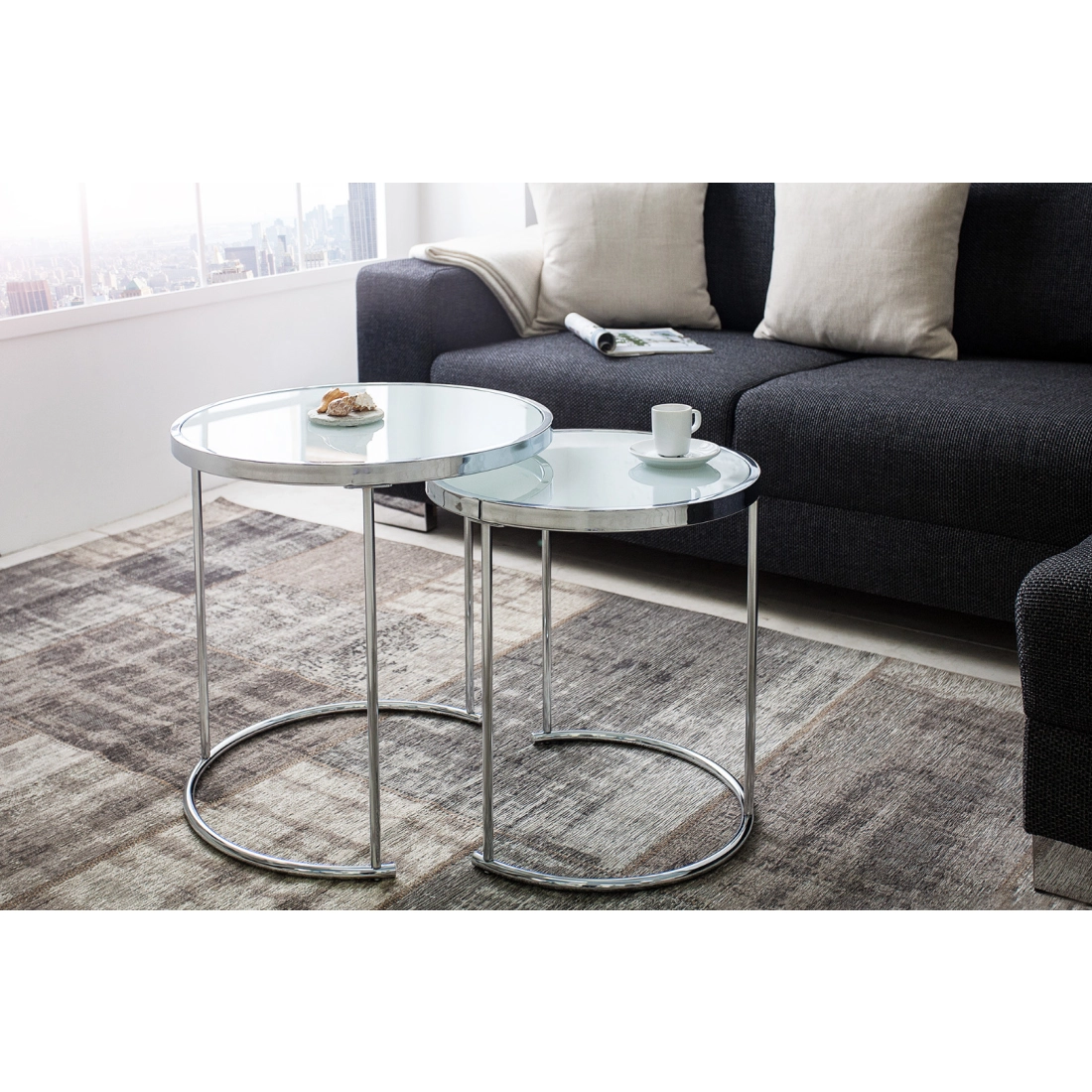 Konferenční stolek Art Deco - bílé sklo, set 2 ks