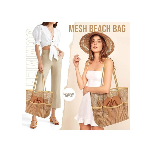 Minimalistická sieťovaná plážová taška, hnedá