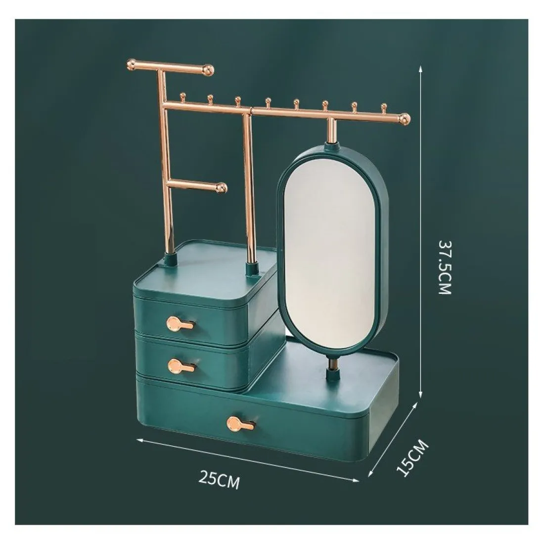 Organizér na šperky a kozmetiku so zrkadlom - zelený