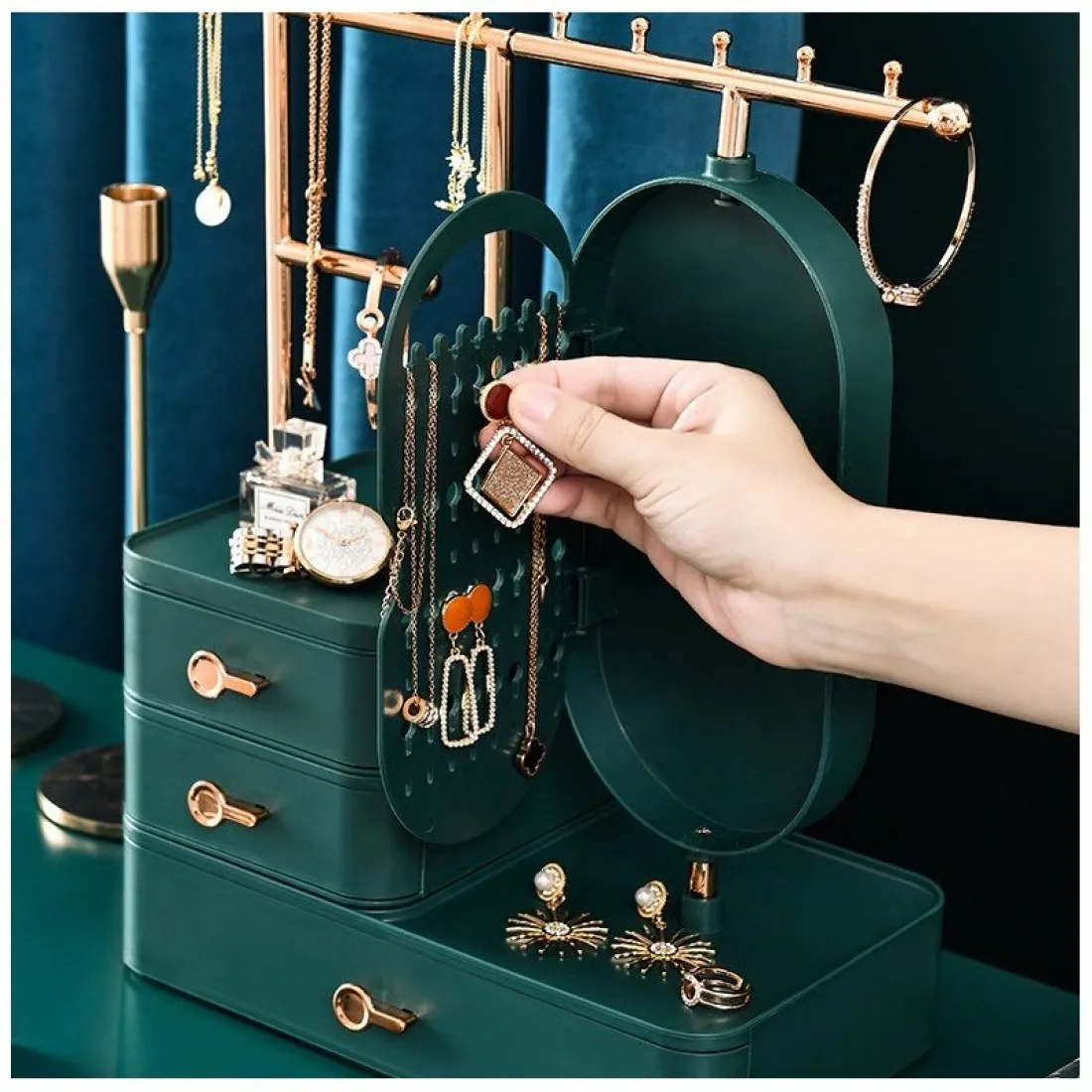 Organizér na šperky a kozmetiku so zrkadlom - zelený