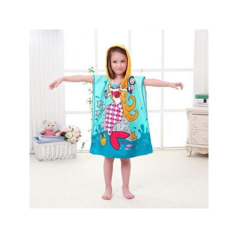 Plážová osuška s kapucňou, pelerína pre deti - Morská panna, modrá