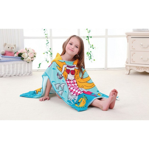 Plážová osuška s kapucňou, pelerína pre deti - Morská panna, modrá