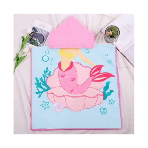 Plážová osuška s kapucňou, pelerína pre deti - Morská panna, modro-ružová