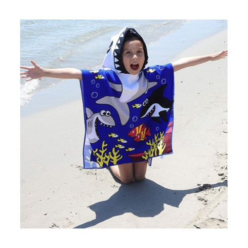 Plážová osuška s kapucňou, pelerína pre deti - Žralok, tmavomodrá