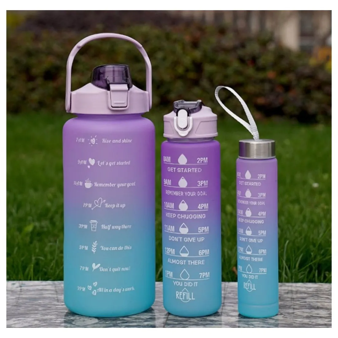 Športová fľaša na vodu s denným časovým plánovačom 3v1 - fialové ombré