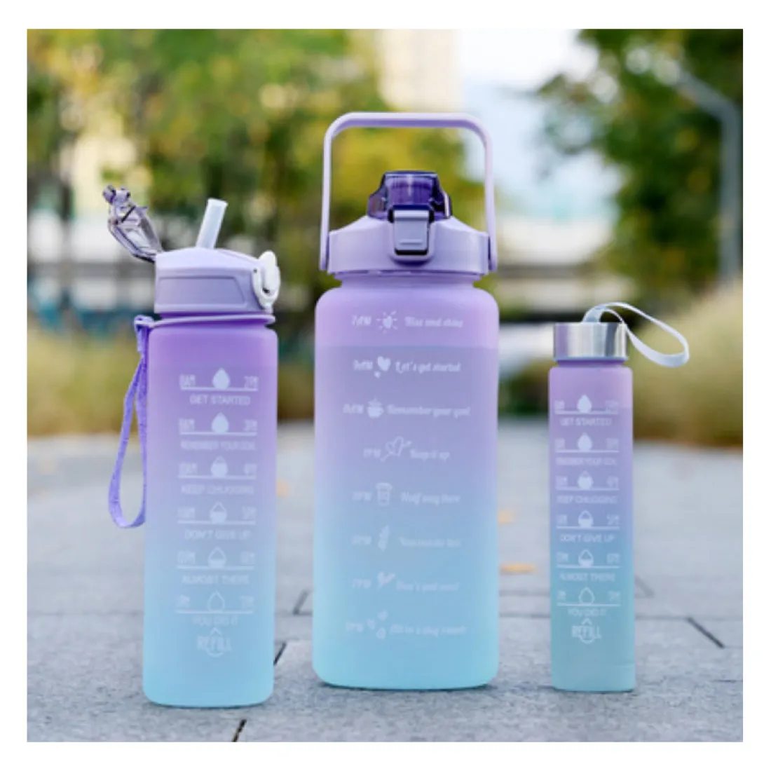 Športová fľaša na vodu s denným časovým plánovačom 3v1 - fialové ombré