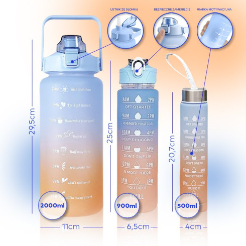 Športová fľaša na vodu s denným časovým plánovačom 3v1 - oranžové ombré