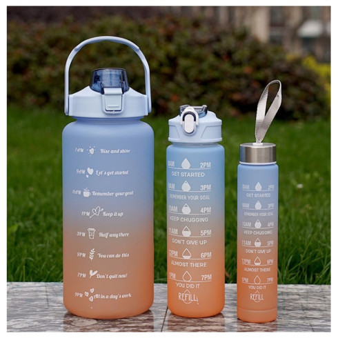 Športová fľaša na vodu s denným časovým plánovačom 3v1 - oranžové ombré