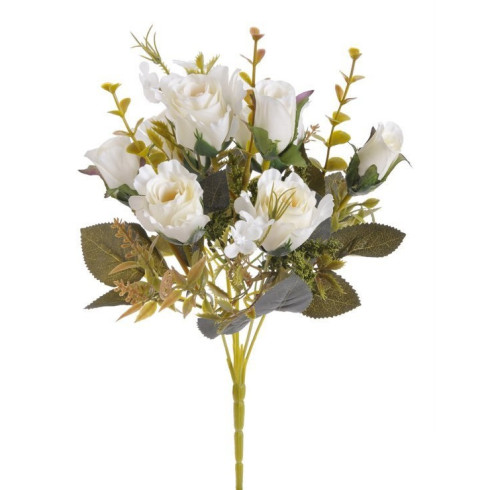 Umělá kytice růží - svazek, bílé - 30 cm