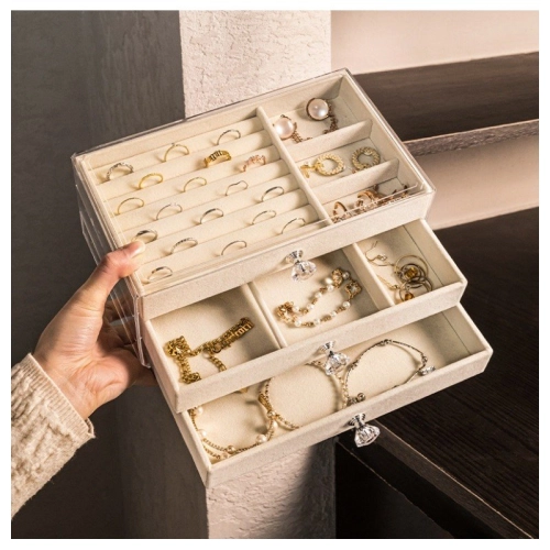 Velúrová šperkovnica s priehľadným vekom Diamonds - krémová