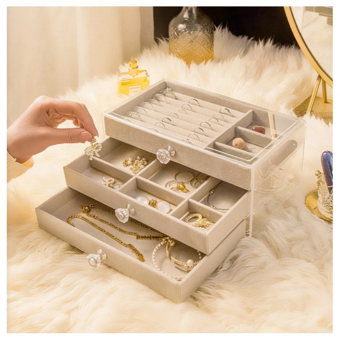 Velúrová šperkovnica s priehľadným vekom Diamonds - krémová
