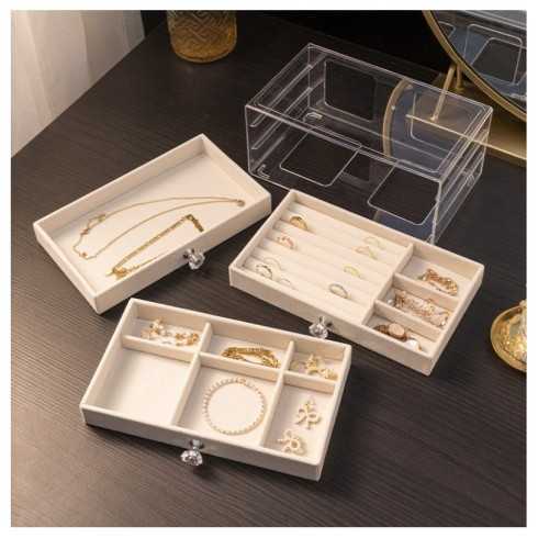 Velurová šperkovnice s průhledným víkem Diamanty - krémová