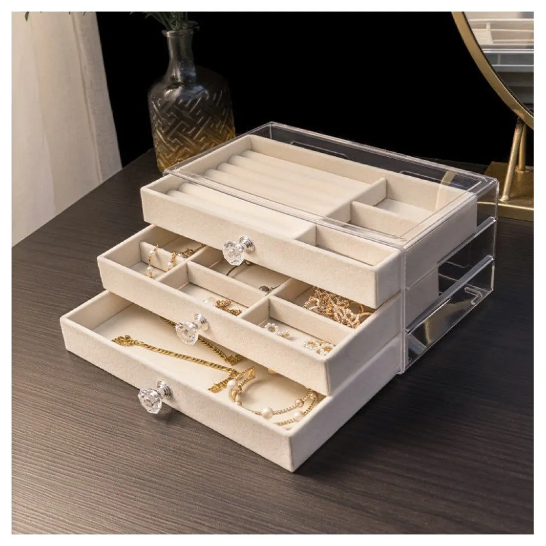 Velúrová šperkovnica s priehľadným vekom Diamonds - krémová