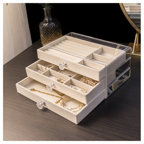 Velurová šperkovnice s průhledným víkem Diamanty - krémová