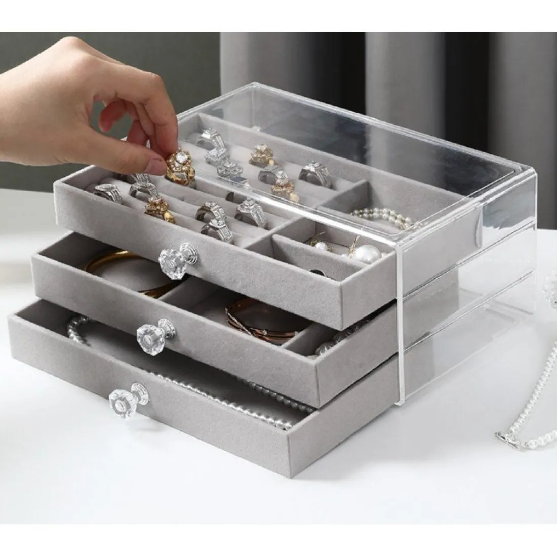 Velúrová šperkovnica s priehľadným vekom Diamonds - šedá