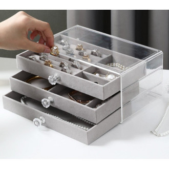 Velurová šperkovnice s průhledným víkem Diamanty - šedá