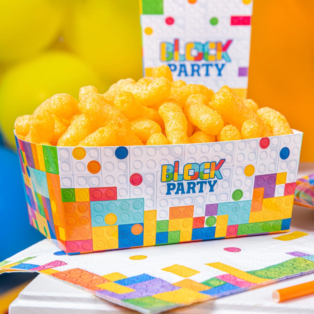 Párty sada Stavebnica na detskú oslavu – krabičky na popcorn, čipsy a sáčky na cukríky, 15 ks
