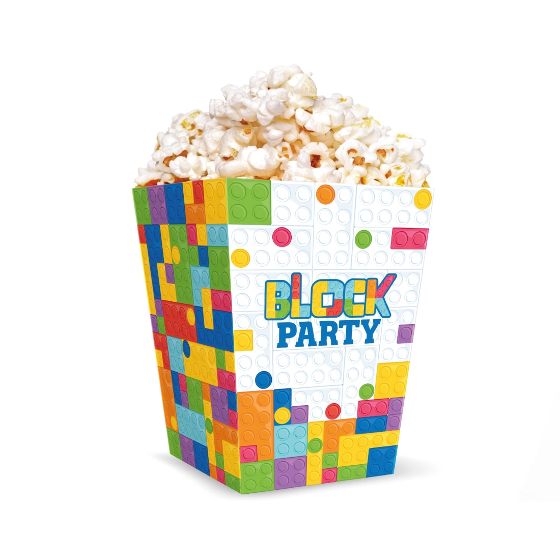 Párty sada Stavebnica na detskú oslavu – krabičky na popcorn, čipsy a sáčky na cukríky, 15 ks