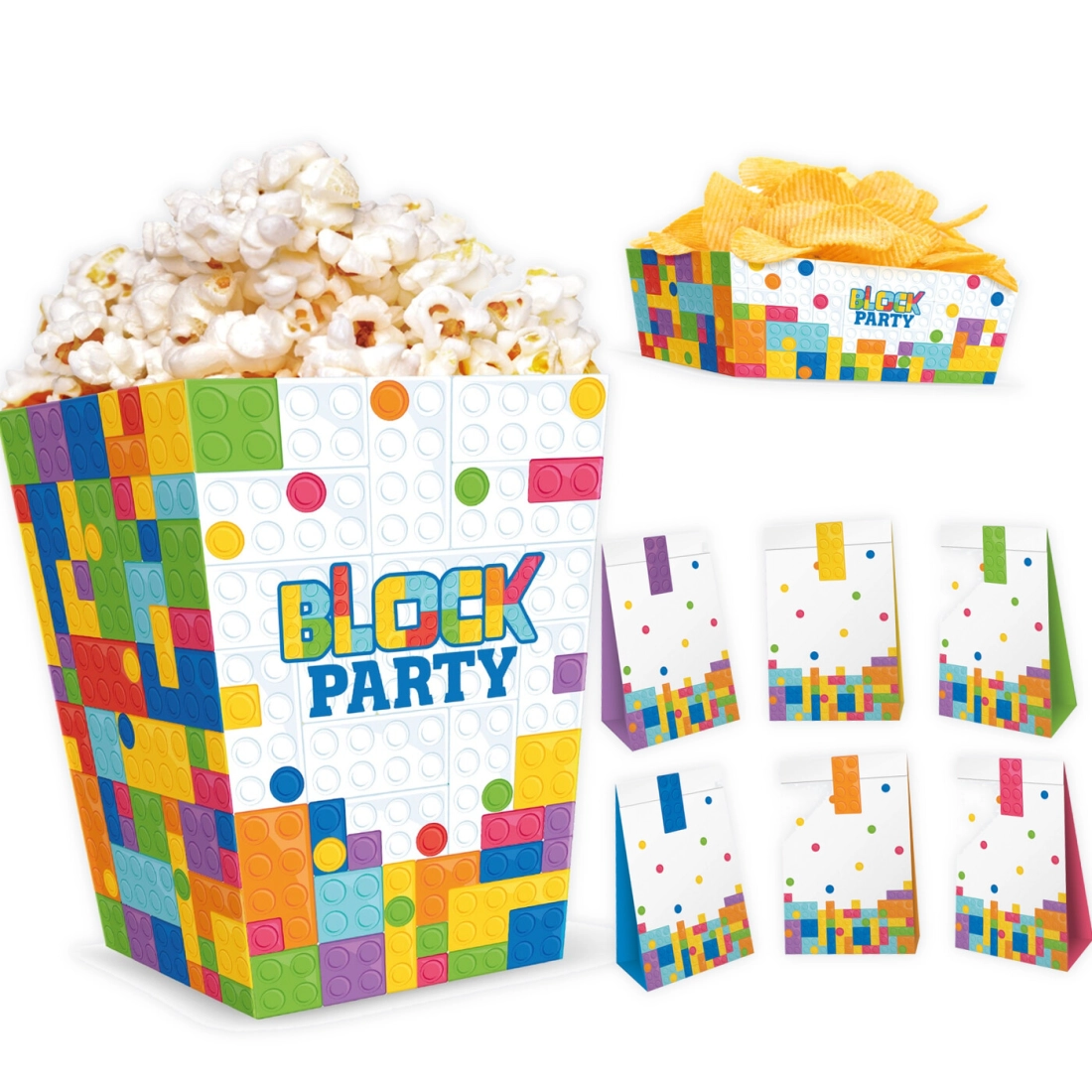 Párty sada Stavebnica na detskú oslavu – krabičky na popcorn, čipsy a sáčky na cukríky, 15 ks