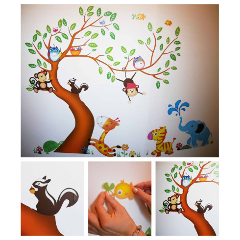 Detské nálepky na stenu - Zvieratka na strome