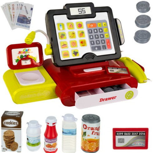 Detská pokladňa s kalkulačkou, príslušenstvom a nápojmi