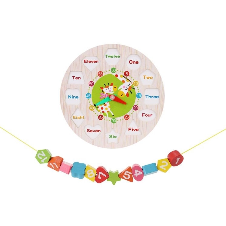 Detské drevené edukačné hodiny - vkladacie kocky + anglické názvy