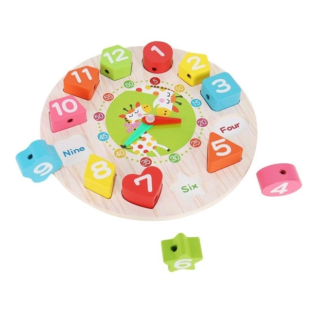 Detské drevené edukačné hodiny - vkladacie kocky + anglické názvy