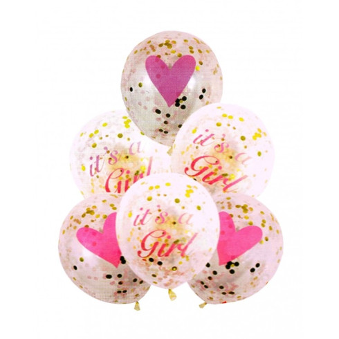 Balóny pro holčičku babyshower s konfetami 6 ks růžové