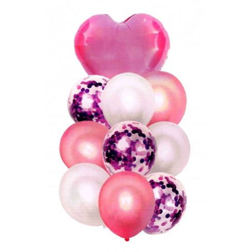Balóny se srdcem a konfetami 30-46 cm, 10 ks růžové