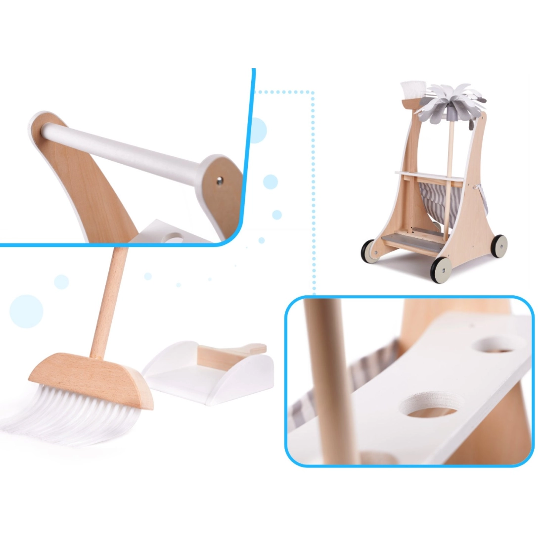 Detský drevený vozík na upratovanie