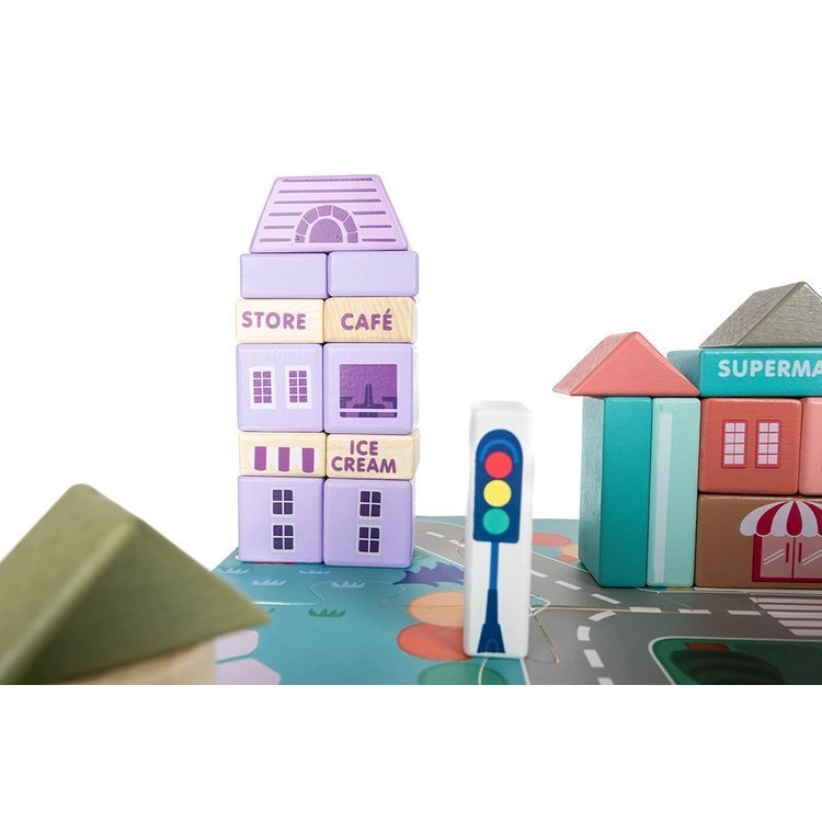 Dřevěná stavebnice s podložkou Veselé město 115ks