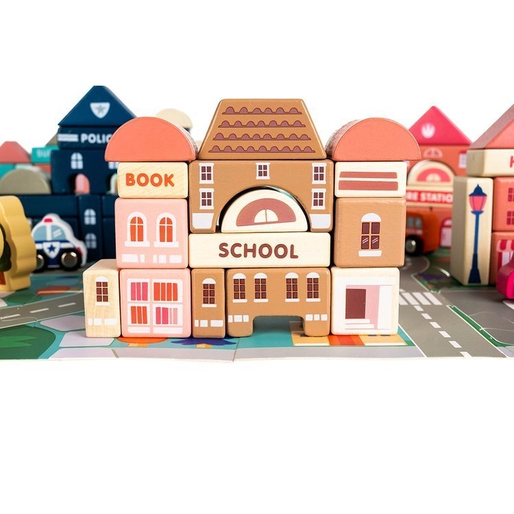 Dřevěná stavebnice s podložkou Veselé město 115ks