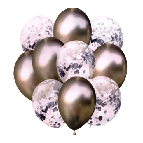Metalické balóny s konfetami 33 cm, 10 ks strieborné