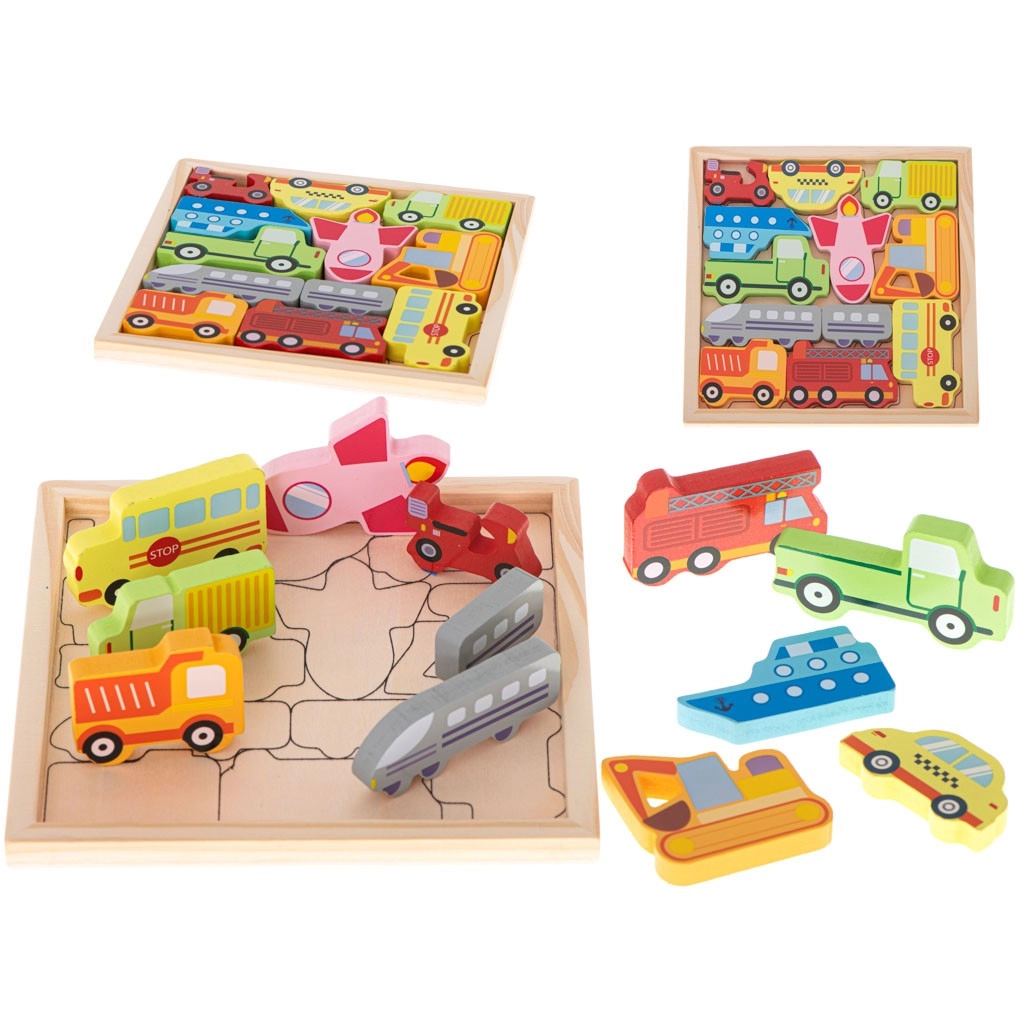 Dřevěné puzzle ve tvaru vozidel - autíček
