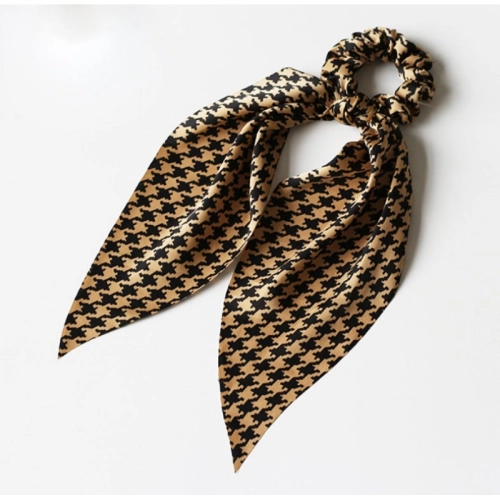 Gumička do vlasov so stuhou - vzor kohútia stopa, béžová