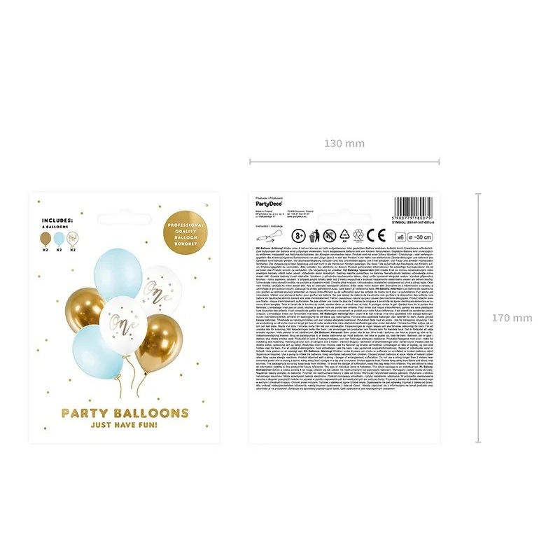 Baloane aniversare pastel – alb, albastru și auriu – 6 bucăți