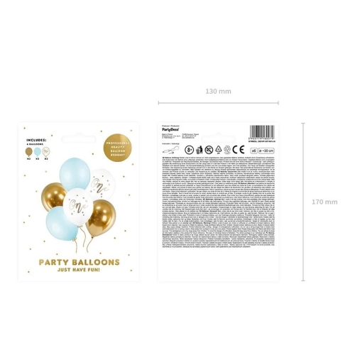Baloane aniversare pastel – alb, albastru și auriu – 6 bucăți