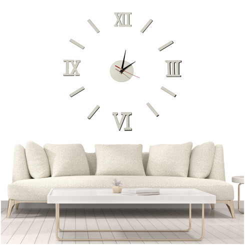 Dizajnové 3D nalepovacie hodiny 130 cm - rímske číslice, strieborné Dizajnové 3D nalepovacie hodiny 130 cm - rímske číslice, strieborné