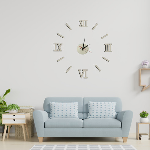 Dizajnové 3D nalepovacie hodiny 130 cm - rímske číslice, strieborné Dizajnové 3D nalepovacie hodiny 130 cm - rímske číslice, strieborné