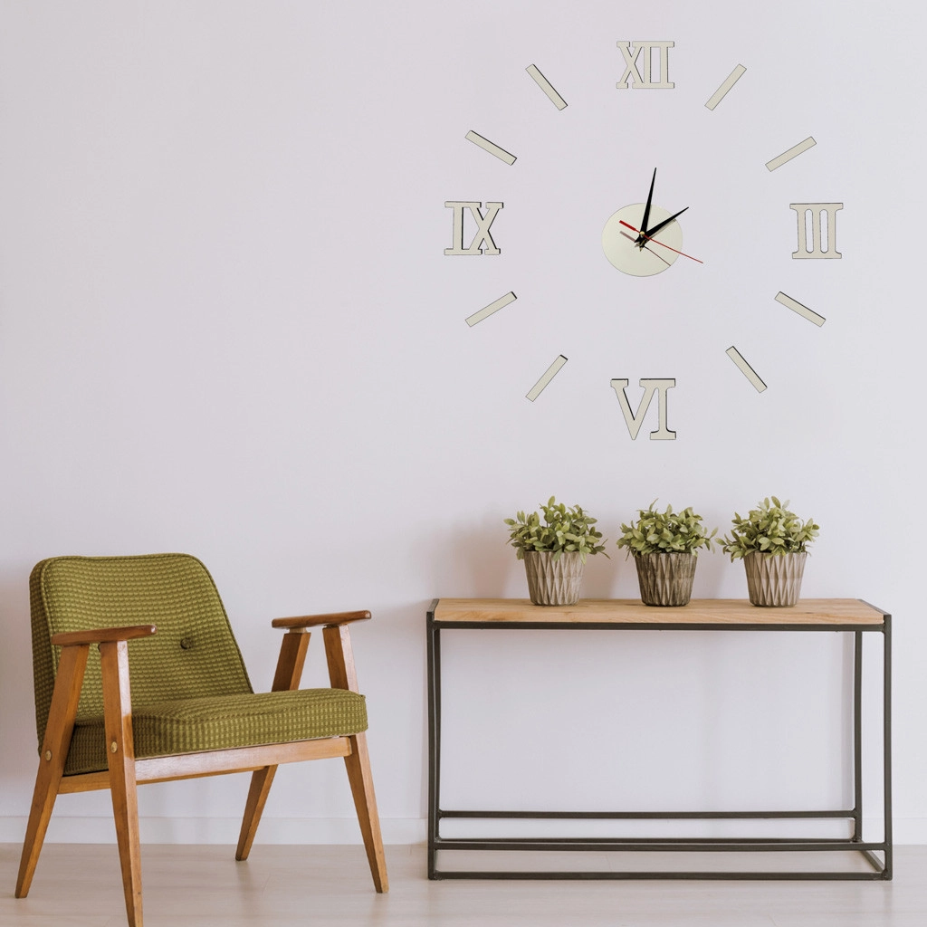 Dizajnové 3D nalepovacie hodiny 130 cm - rímske číslice, strieborné