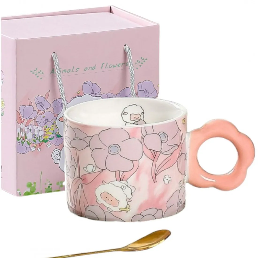 Keramický hrnček s lyžičkou v darčekovej krabici, 280 ml - ružový