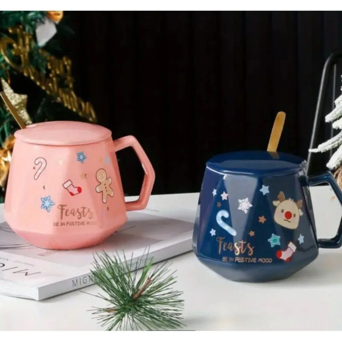 Vianočný hrnček - sada s vrchnákom a lyžičkou 225 ml, modrý