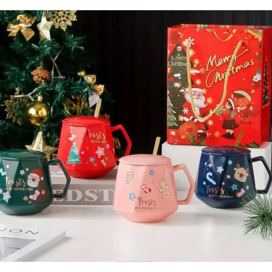 Vianočný hrnček - sada s vrchnákom a lyžičkou 225 ml, modrý