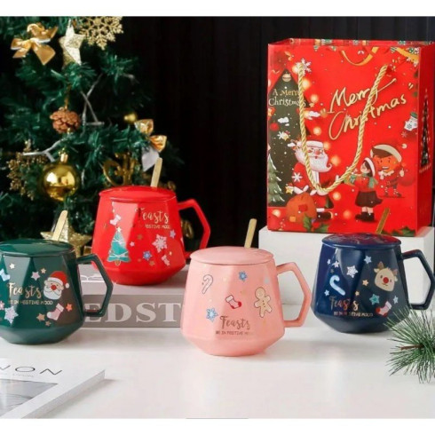 Vánoční hrnek - sada s víčkem a lžičkou 225 ml, modrý