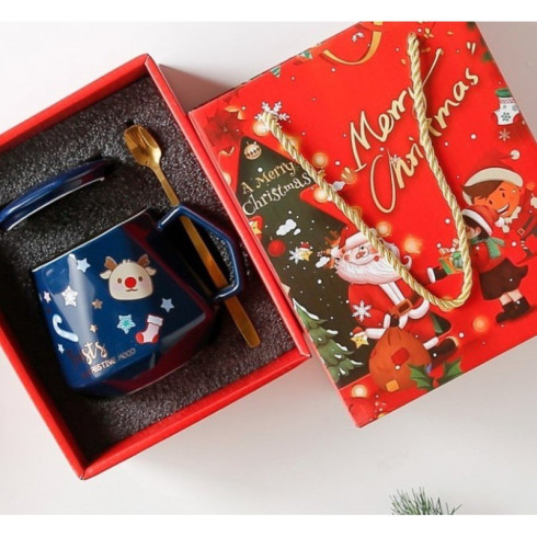 Vianočný hrnček - sada s vrchnákom a lyžičkou 225 ml, modrý