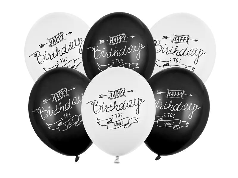 Balóny Happy Birthday 30 cm - čierno biele, mix 6 ks