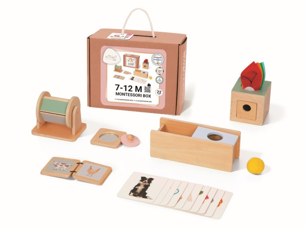 Drevený Montessori edukačný box pre bábätká 7–12 mesiacov